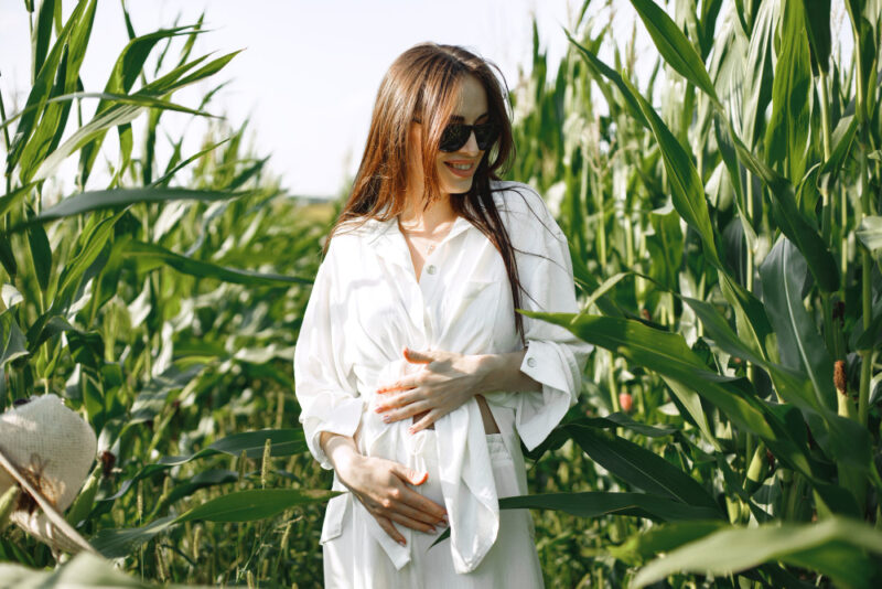 kobieta w ciazy na polu kukurydzy